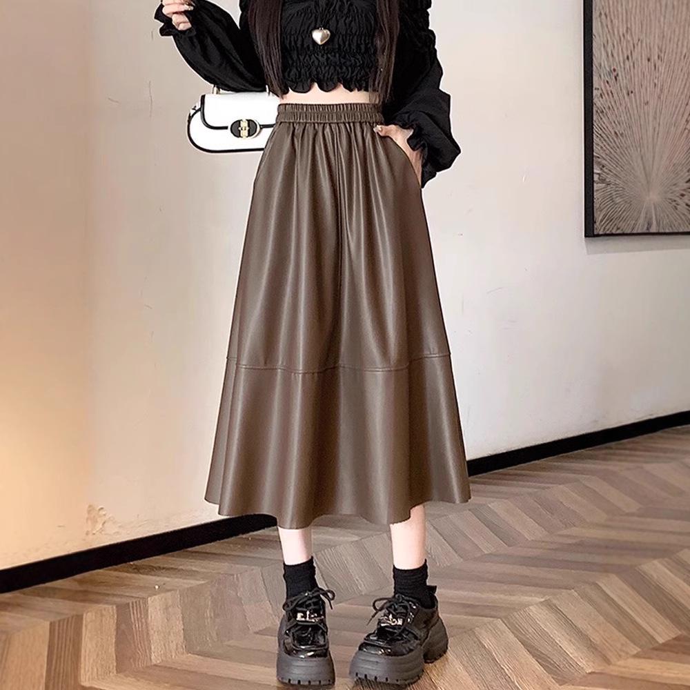 Women's Black PU Leather Midi Skirt - Spring/Autumn High Waist Pleated A-line with Hip-covering Slimming Design