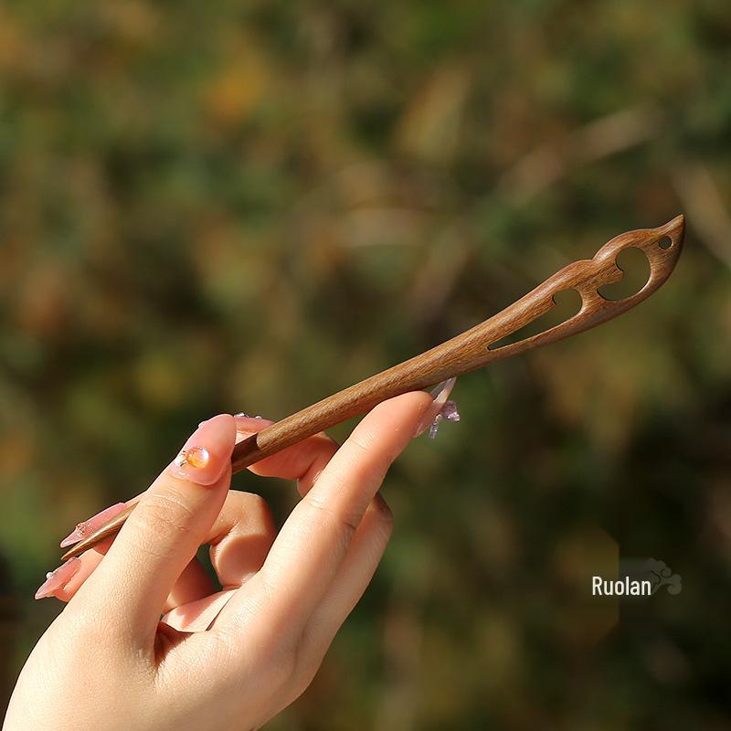 High-End Natural Ebony Wood Hairpin - Extended Chinese Ancient Style Black Hair Bun Accessory