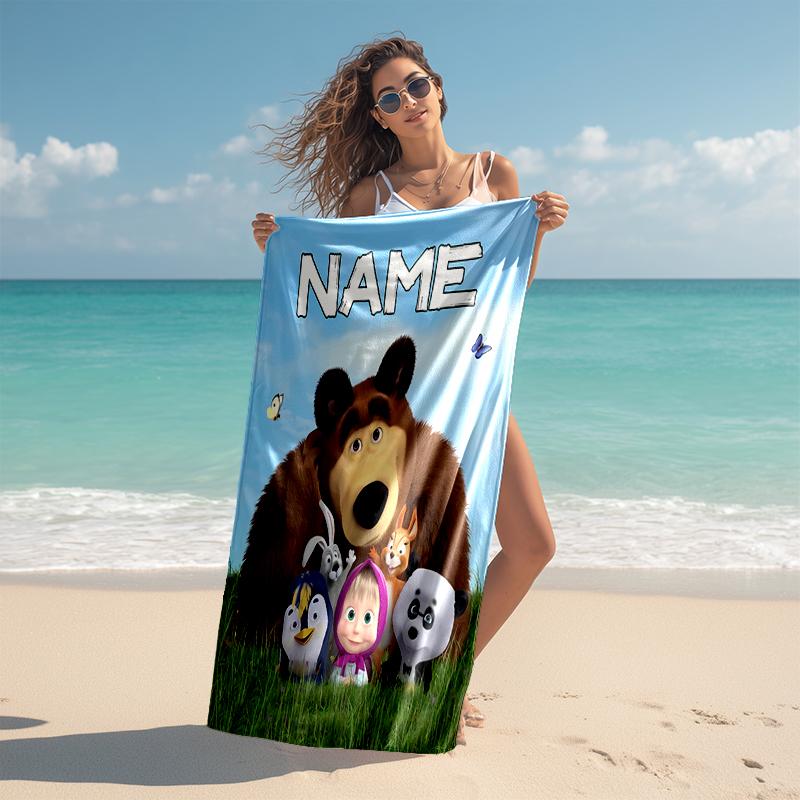 Personalized customized proof beach towel with Masha and the Bear pattern - soft, absorbent,quick-drying,perfect swimming,camping&bathing