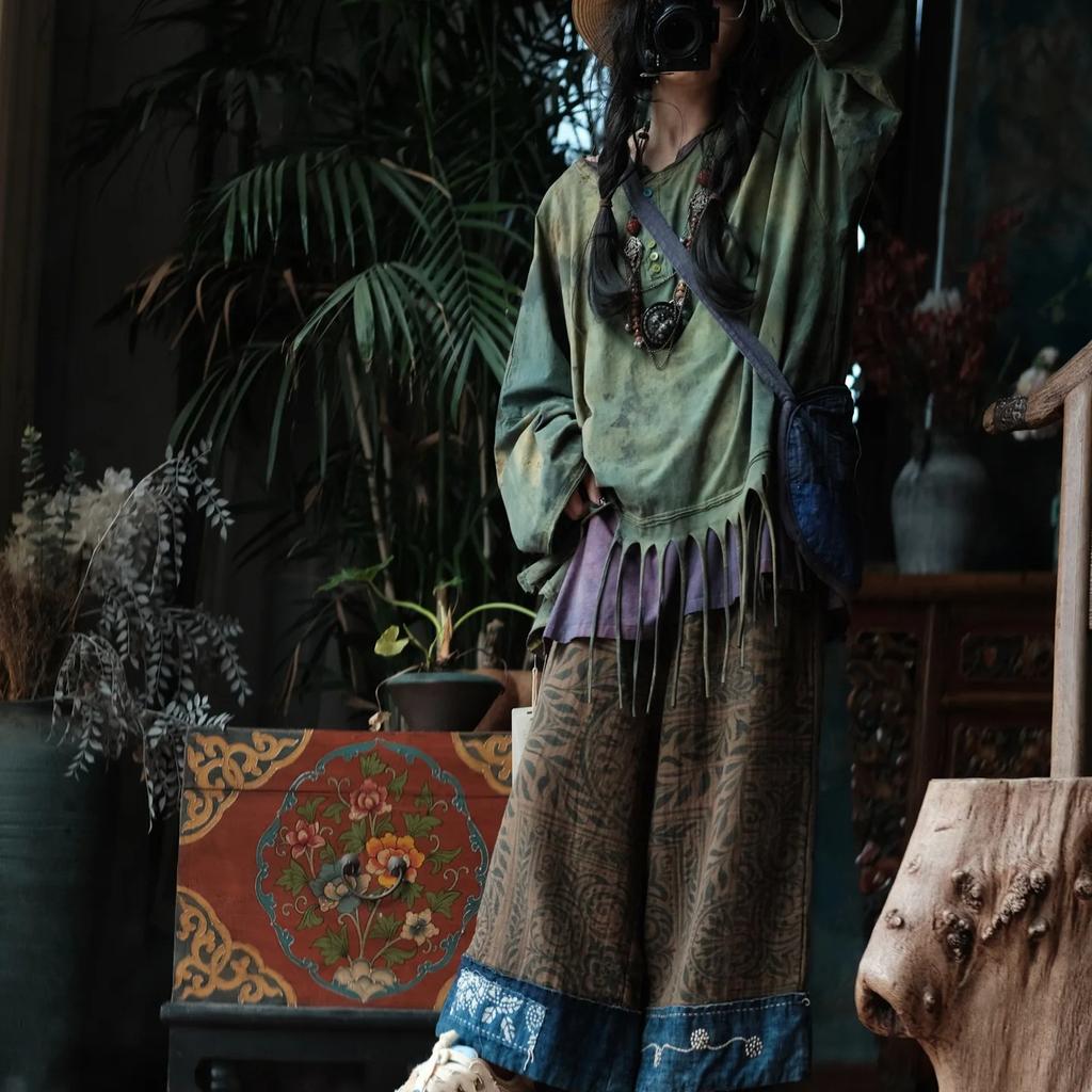 Johnature Women Vintage T-Shirts Spring Chinese Style O-Neck Long Sleeve Patchwork Tassel Soft Female T-Shirts