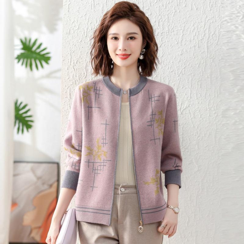 Autumn and winter new middle-aged and old mothers wear women's knitted sweater bottoming shirt temperament zipper top round neck pullover loose