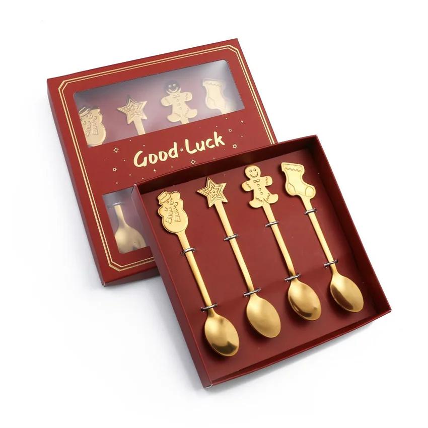 4Pcs Gold/Silver Christmas Coffee Spoons with Gift Box Stainless Steel Gingerbread Man Dessert Spoons Cutlery Spoon Xmas Gift