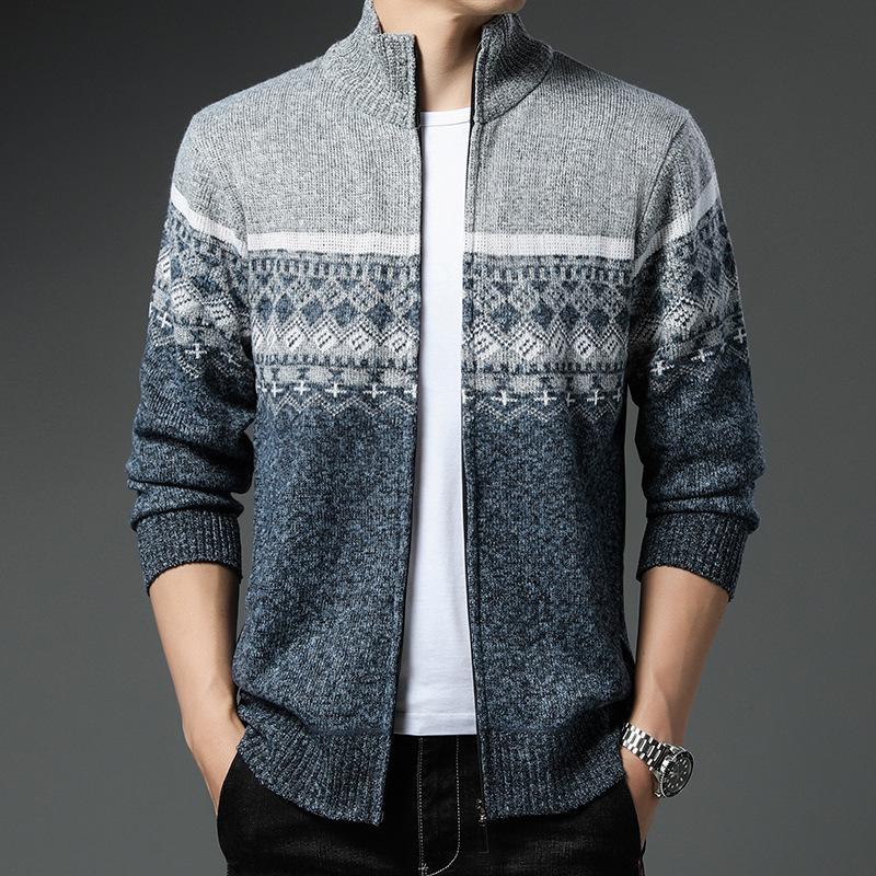 Autumn and Winter Men's Sweaters Casual Stand-up Collar Printed Sweaters Men's Coats Plus Fleece Jackets
