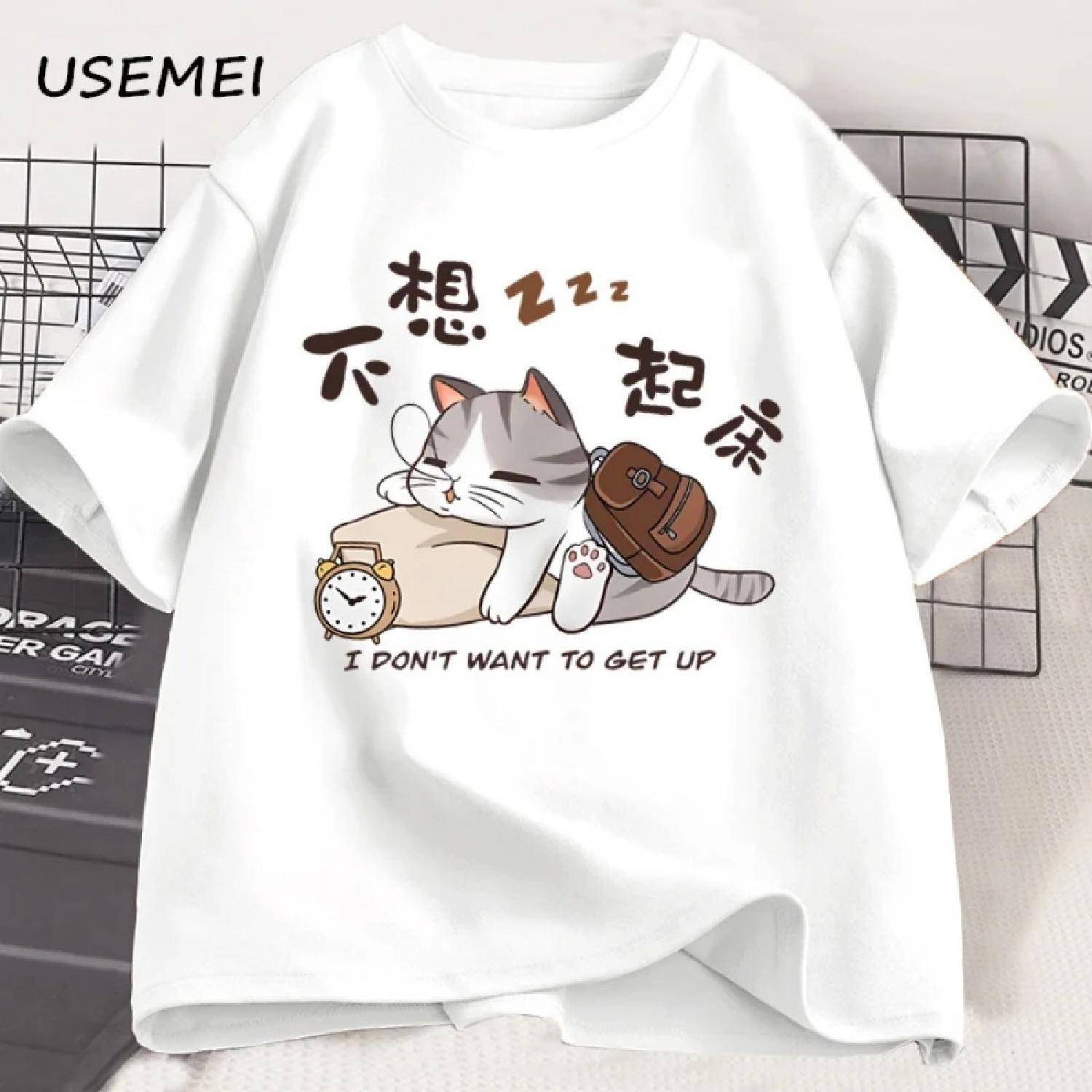 Я не хочу вставать Футболки с графикой кота Забавная футболка с принтом для любителя кошек Повседневная модная хлопковая футболка оверсайз Мужская одежда Топы S