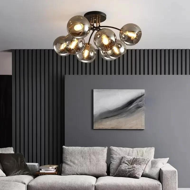 Industrial Retro LED Ceiling Lights Transparent Smoke Grey Glass Lampshade Design Black Gold Bedroom Decor Chandelier Light