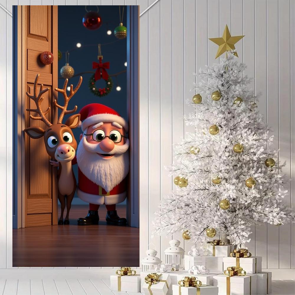 Cartoon Santa Elk Linings For Christmas Doors Kids Room Door Cover Banner Indoor Outdoor Porch Large Decoration New Year Decors