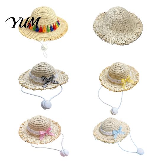 Soft Straw Hat with Lace Cat Hat, Pet Sun And Bow, Summer Breathable Cute Protection for Cats Small Dogs Outdoor Walks Adjustable
