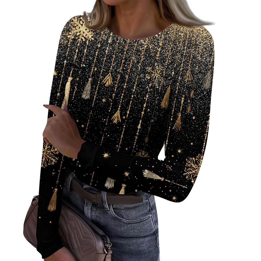 Γυναικείο Μοντέρνο Μπλουζάκι Βασικής Στρώσης Στενής Γραμμής με Στρογγυλή Λαιμόκοψη και Χριστουγεννιάτικη Εκτύπωση, Μακρυμάνικο Τοπ