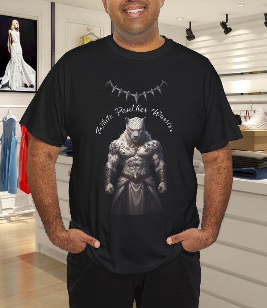

White Panther Warrior Fantasy Art Muscular Feline Hero Graphic T-Shirt XL