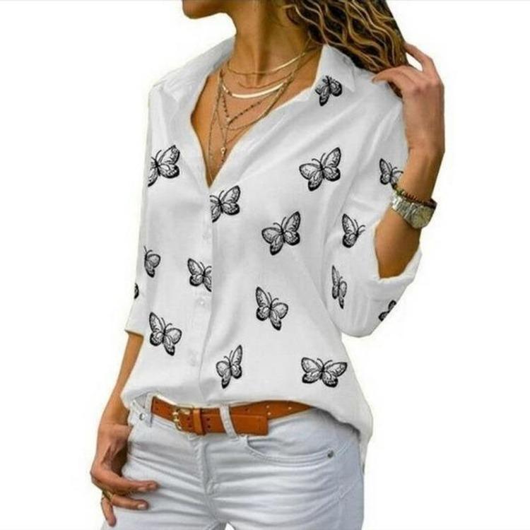 Solid Color Plus Size Women Butterfly Print Chiffon Blouse Long Sleeve Turn Down Collar Button Up Tops