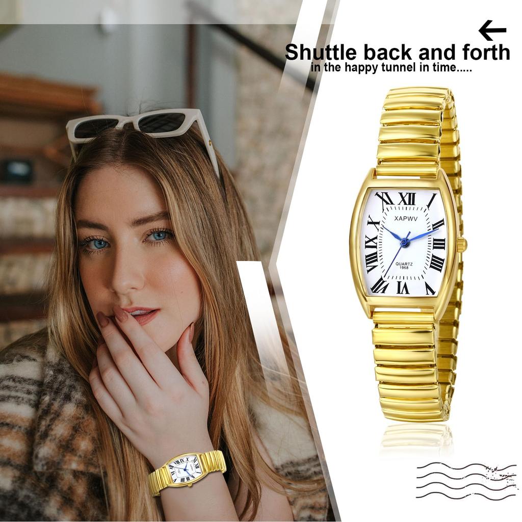 Stainless Steel Roman Alphabet Analog Display Square Design Waterproof Simple Quartz Watch Adjustable Length Fashion Watch Gold Perfect Gift for Day