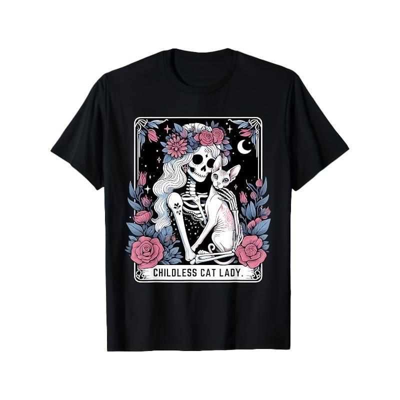 European sizes Skeleton Cat Card T-Shirt - Gothic White Cat & Floral Print with The Cat Text - Soft Black Short Sleeve Round Neck Tee for Men