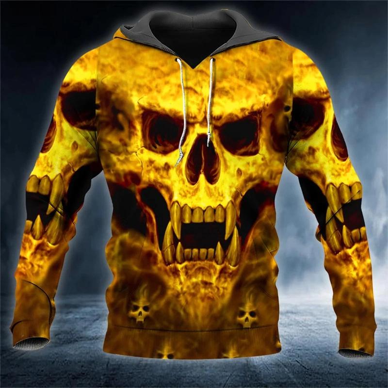 Skull Flame 3D Print Hoodies Hip Hop Street Style Outdoor Long Sleeve Hooded Sweatshirt Casual  Sports Daily Streetwear