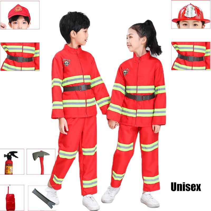 Dziecięcy strój strażaka do przebierania czerwony poliestrowy zestaw kostiumowy strażaka z paskiem i czapką z daszkiem