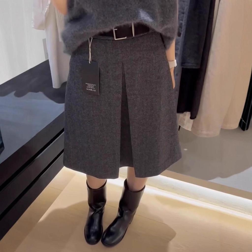 Grey Woolen Mid-Length Half Skirt for Women - High-End 2025 Autumn/Winter Collection