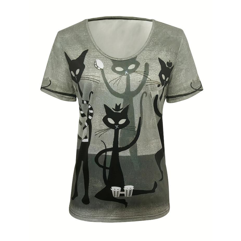 Katzen-Print Kurzarm-T-Shirt, Casual-Oberteil für Frühling & Sommer, Damenbekleidung