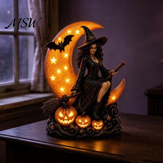 Spooky Halloween Party Supplies Witch Lamp, Gothic Crescent Moon LED Night Light, Resin Home Decor Decorative Table Lamp for Bedroom Bookshelf Unique