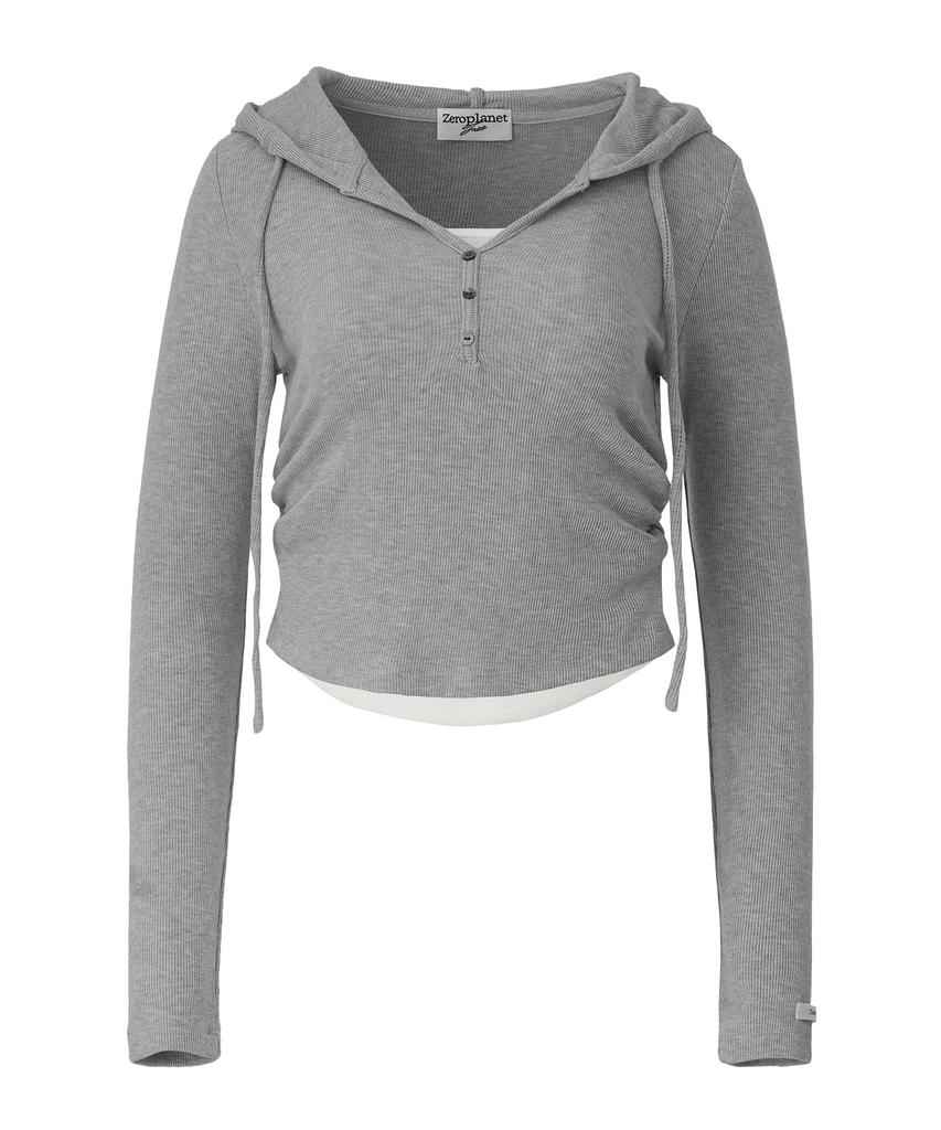 ZEROPLANET Eva Button Layered Knit Hoodie [Melange]