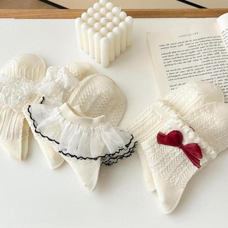 Milky White Bow Lace Socks Women Cute Lolita Japanese Jk Lace Socks Lolita Sweat-Absorbent Mid-Tube Socks