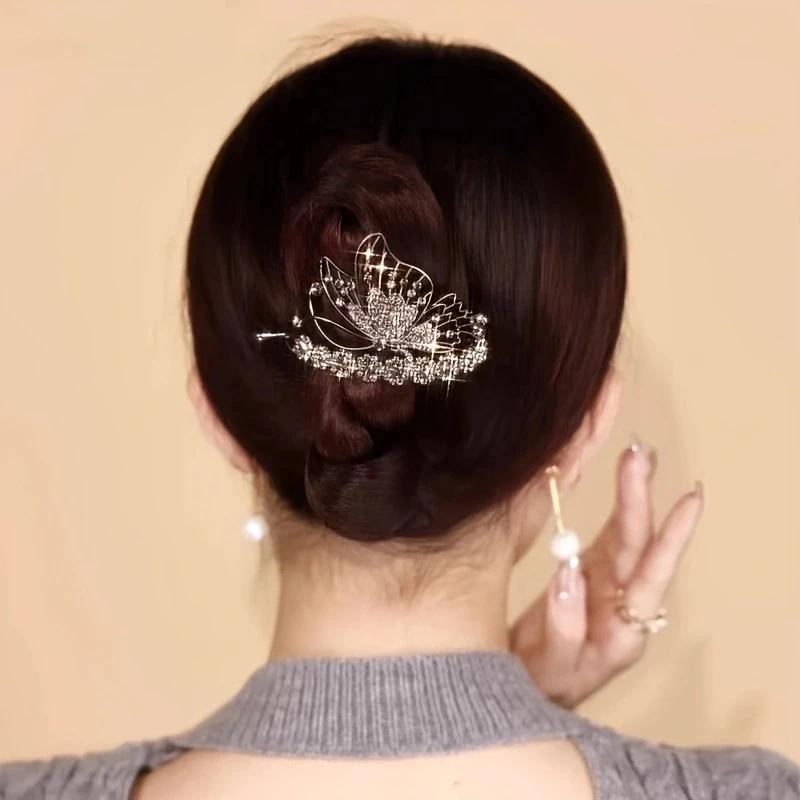 1PC Zinc Alloy Rhinestone Butterfly Twist Clip, High-end Light Luxury Word Clip, Elegant and Exquisite Headwear, Hair Accessorie