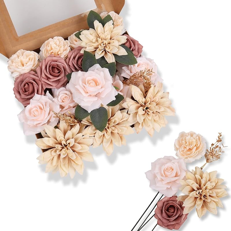 DEEMEI Roses Artificial Fall Flowers Burnt Orange Combo Box Set Faux Flowers Silk Mix Peony Fake Flowers with Stems for DIY Bridal Wedding Bouquets