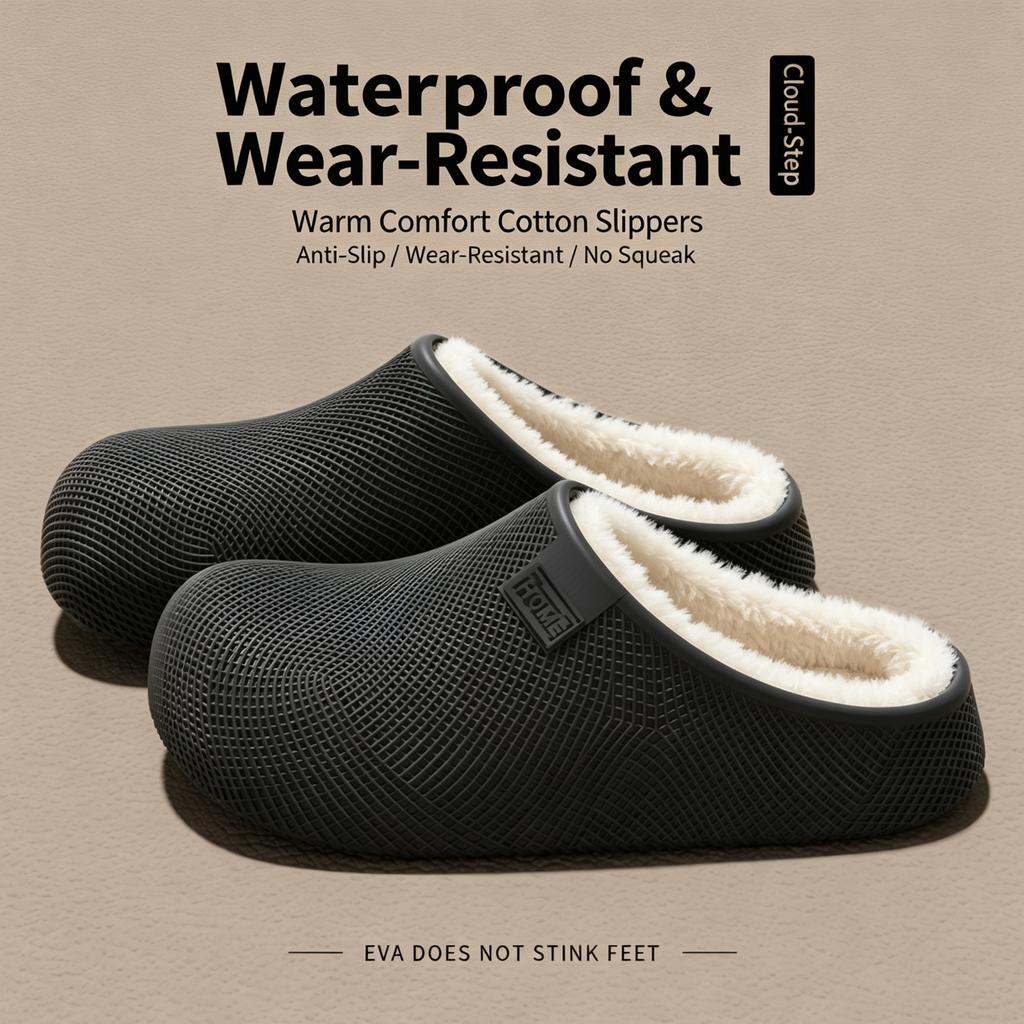 3.0cm Thick Sole Winter Warm Clogs Women Men Plush Lined Non-Slip Waterproof Mesh EVA Indoor Outdoor Casual House Shoes