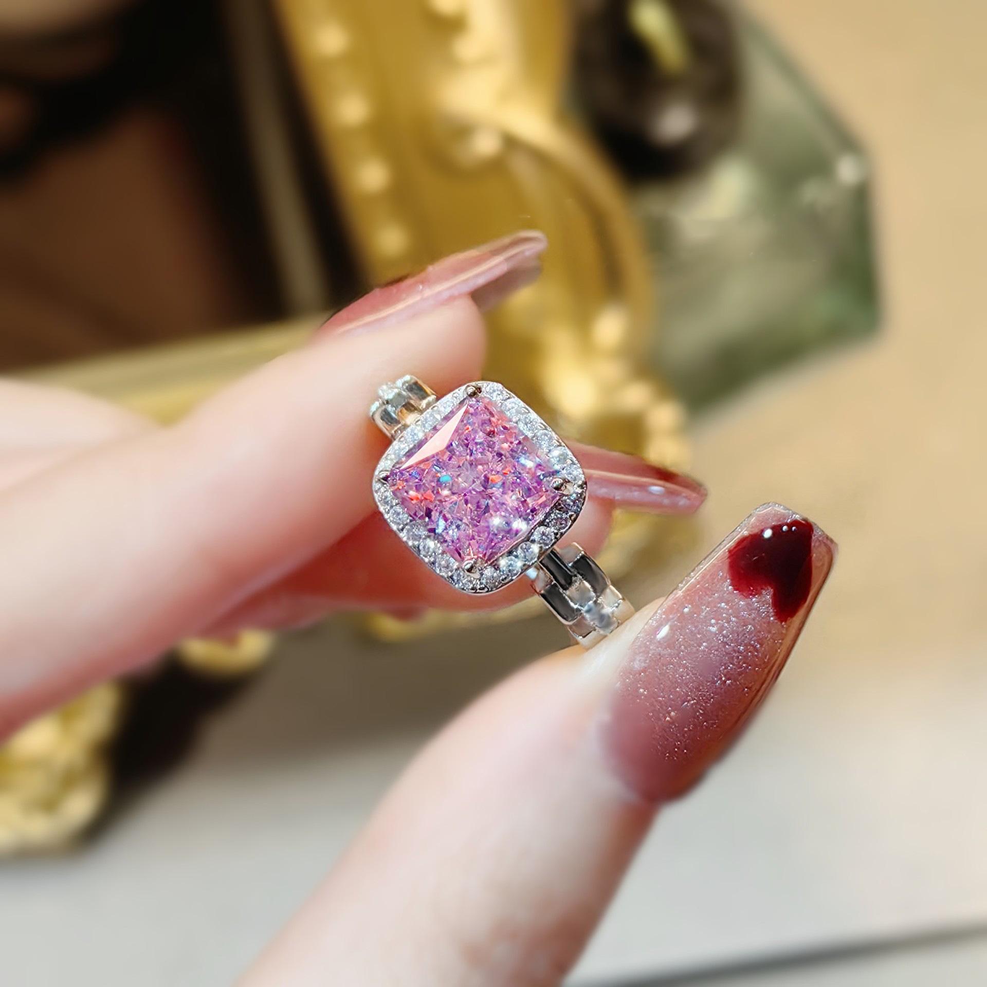 

High Carbon Diamond Ice Flower Cut Square Pink Diamond Ring Women S High Sense Temperament Princess Square Bag Powder Stone Jewelry opening adjustable