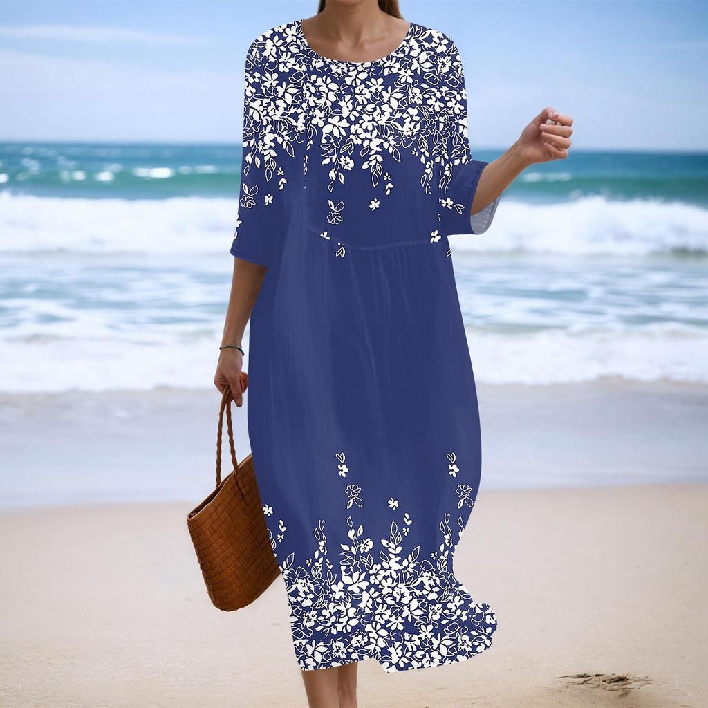 Damen Modisches Bedrucktes Rundhals Siebenviertelärmel Lockeres Kleid