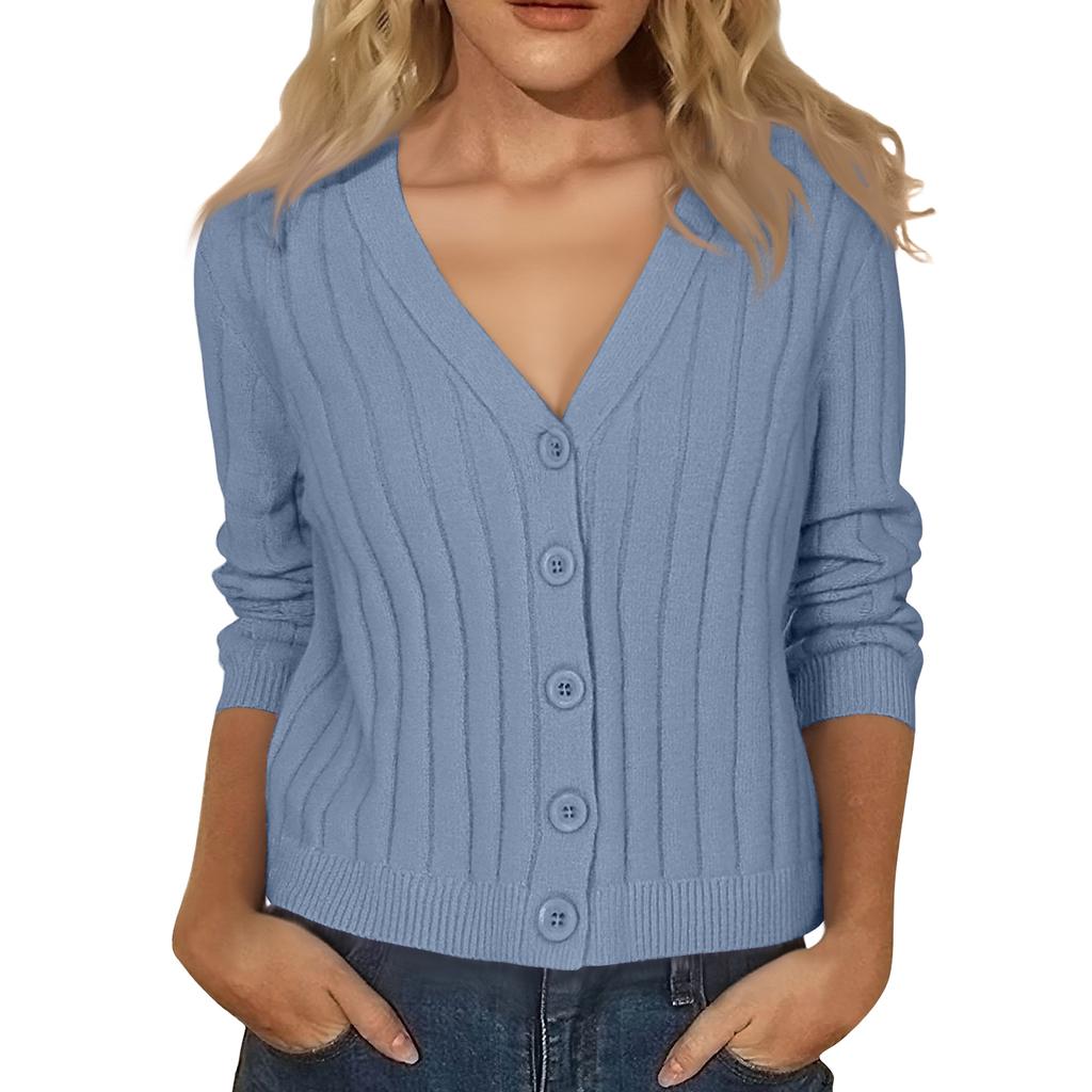 Women's Fashion Long-Sleeve V-Neck Lightweight Knit Sweater Solid Color Outerwear Top