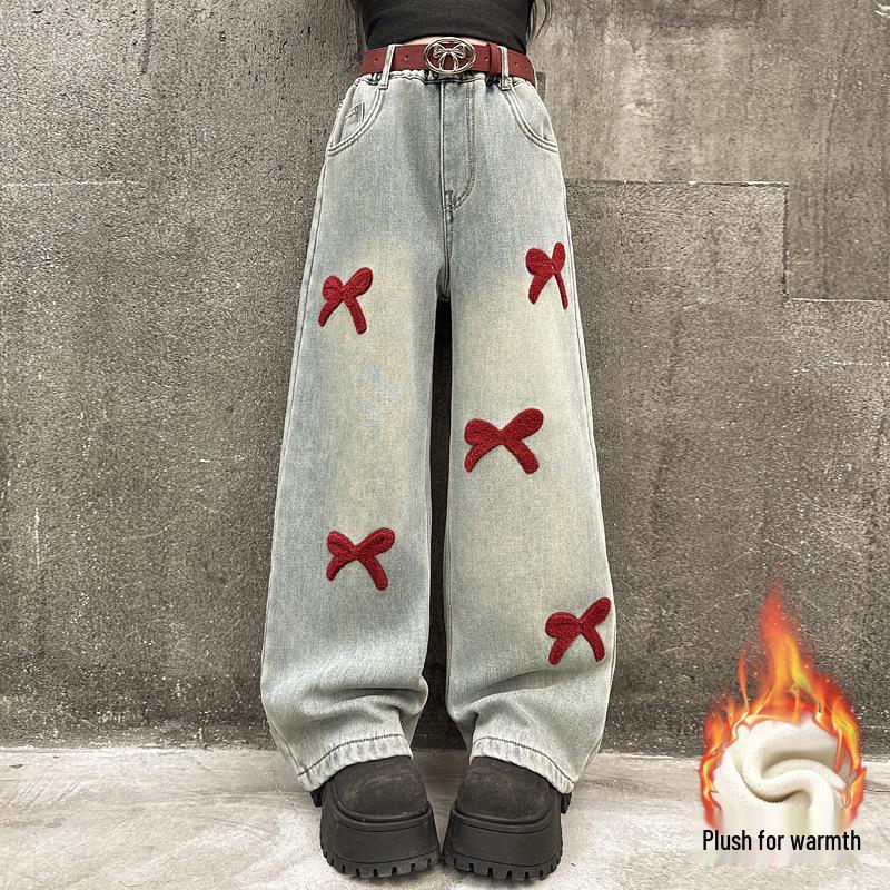 Girls' Chenille Bow Embroidered Fleece-lined Wide-leg Jeans - Stylish Autumn/Winter Slimming Pants