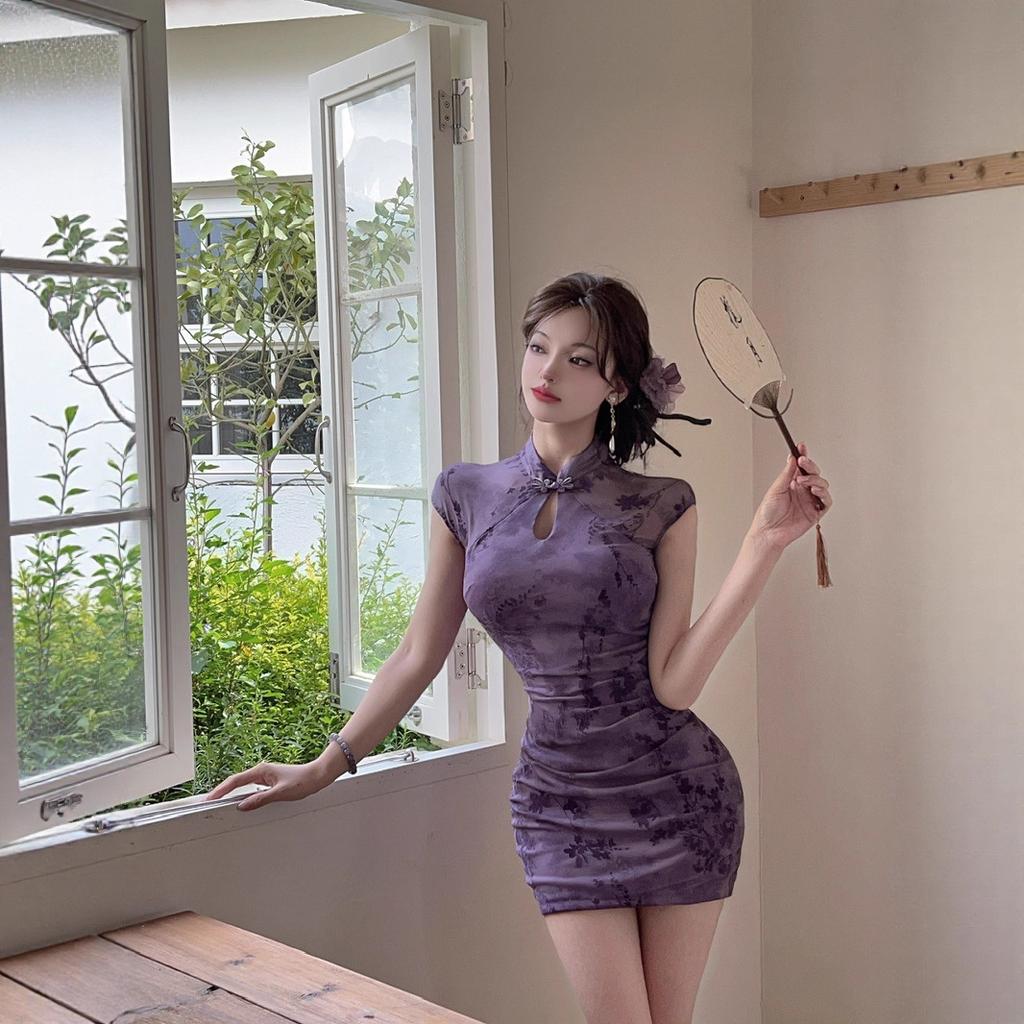 Summer new sexy celebrity mesh stitching lace hip-wrapped short bottom tight cheongsam dress women