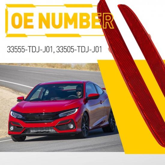 Red Lens Rear Bumper Reflector Marker Pair 1 For 2017- Honda Civic Hatchback