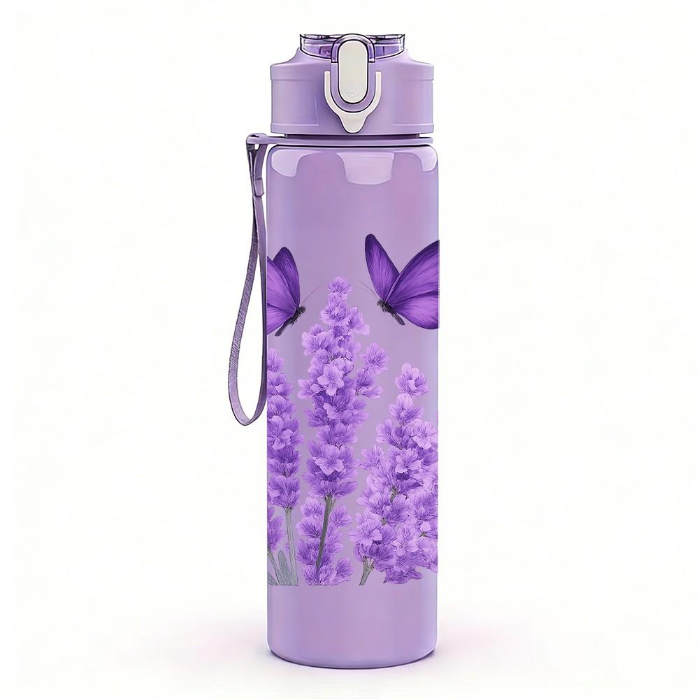 1PC Twin Purple Butterfly Layout 750ml Color Plastic Sports Water Bottle Leakproof Flip Straw Lid For Sports Office Home Use
