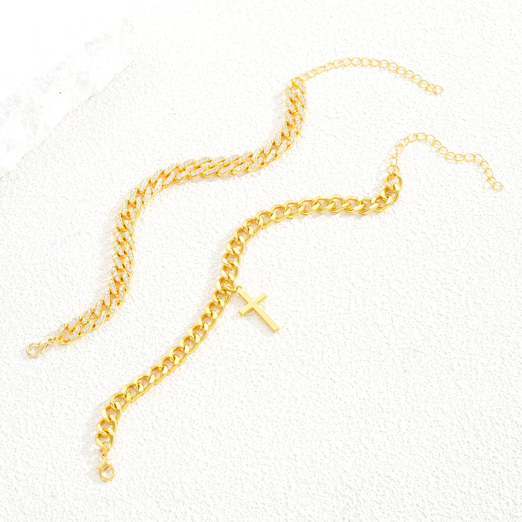 2Pcs/Set Gold Color Crystal Cross Cuban Bracelets for Women Men Punk Chunky Wide Unisex Bracelets Set Hip Hop Daily Wear Jewelry