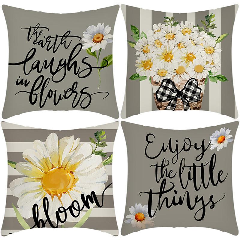 New Green Plant Letter Print Daisy Chrysanthemum Print Pillow Home Sofa Cushion Cover