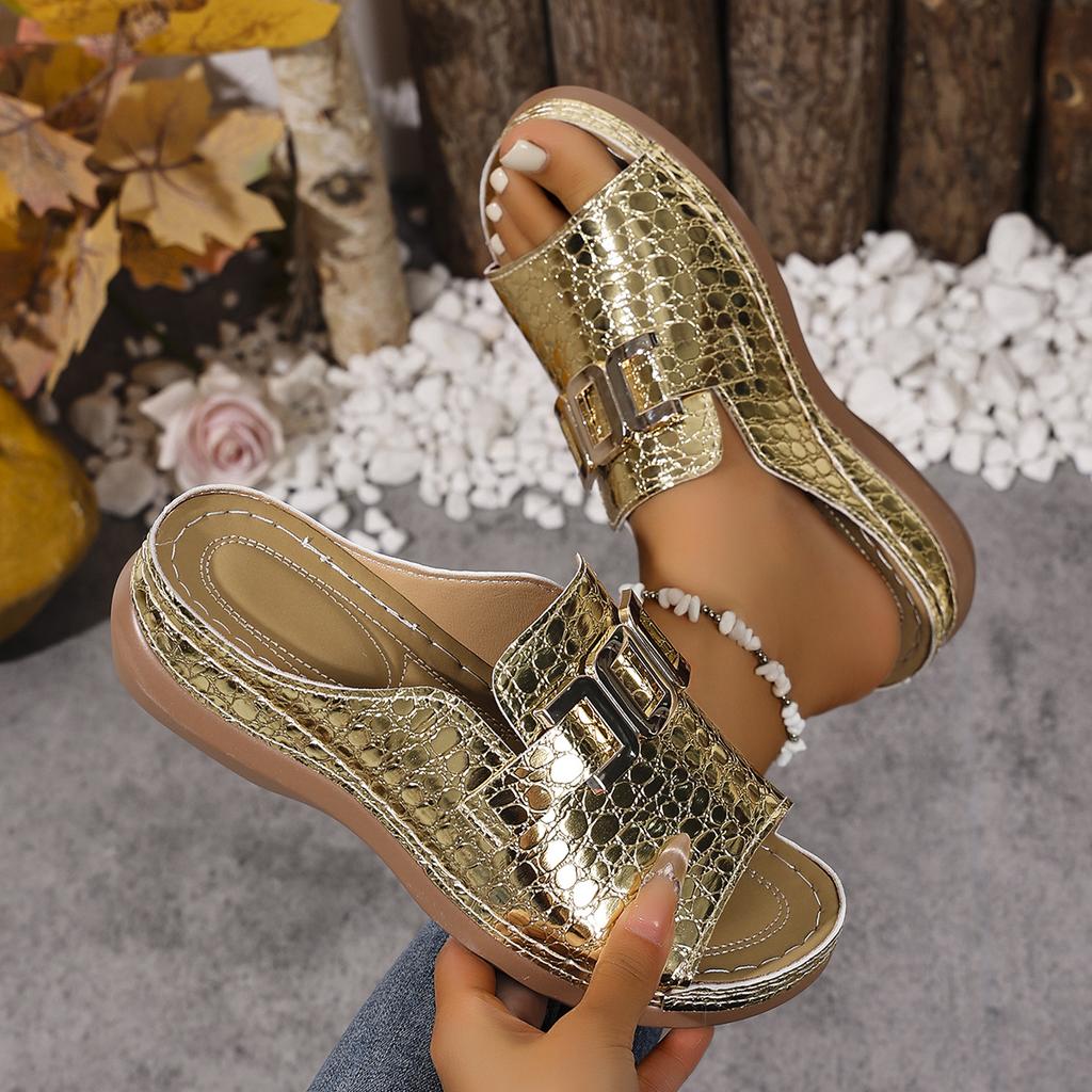 Fashion Summer 2025 Women Slippers New Large Size Solid Color Round Head Shoes Women Metal Casual Outdoor Roman Style Wedge Sandals