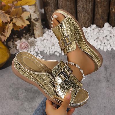 Summer 2025 Women Slippers New Large Size Solid Color Round Head Shoes Women Metal Casual Outdoor Roman Style Wedge Sandals