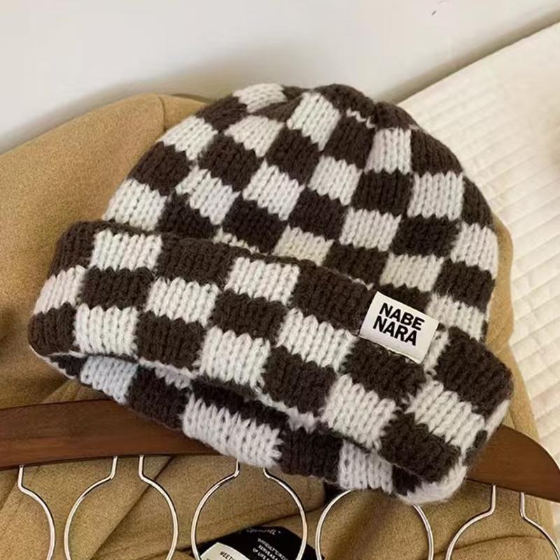 Checkerboard Plaid Knitted Hat For Women Autumn And Winter Korean Style Wool Hat Japanese Style Face-Enhancing Small Hat