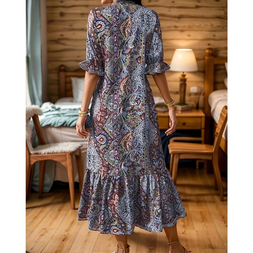 New Women's Print V-neck Mid-sleeve A-line Dress Casual Fashion Sundress for Daily Outing Travel