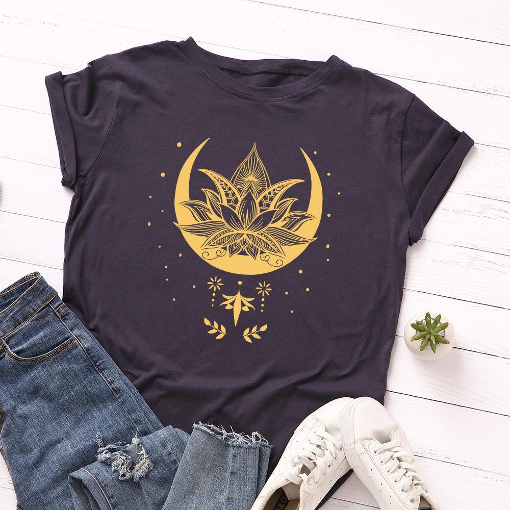 Creative Starry Sky Lotus Pattern Cotton Loose Round Neck Short Sleeved Women's T-shirts
