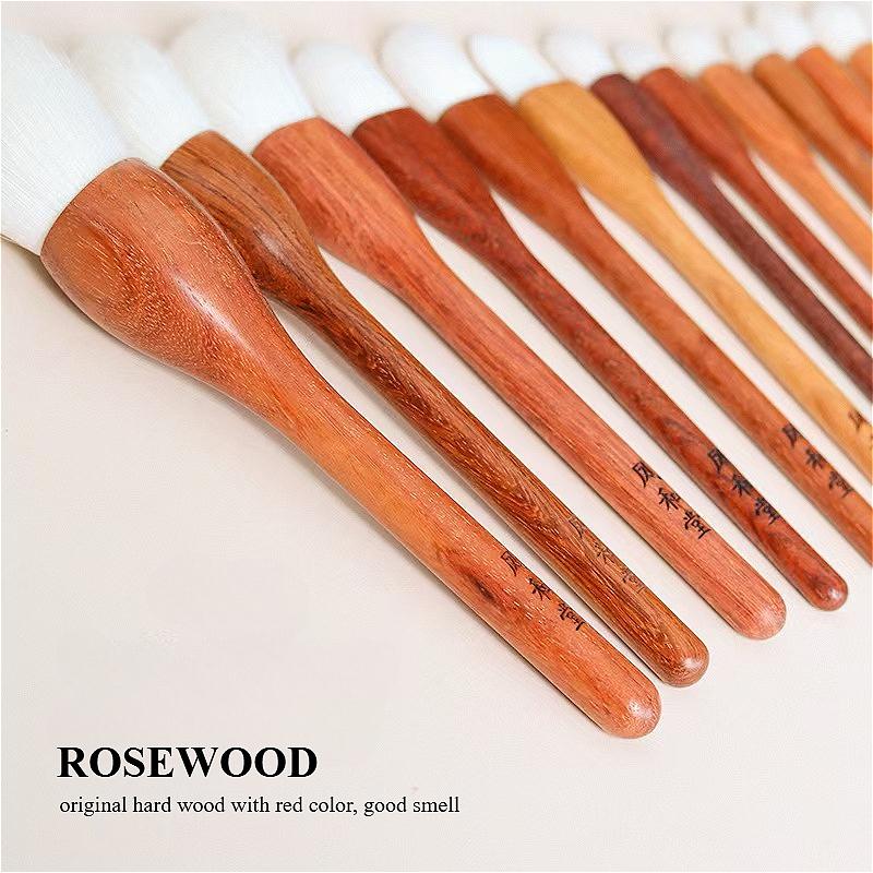 Pensule de Machiaj de Lux din Lemn de Palisandru, Pensule Cosmetice pentru Pudră de Față, Blush, Iluminator, Fard de Pleoape, cu Păr Moale de Capră