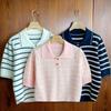 New Arrivals Open Run Women Embossed Button Collar Stripe Short Sleeve Knit