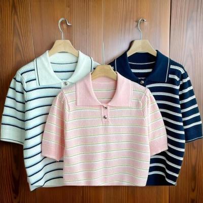 New Arrivals Open Run Women Embossed Button Collar Stripe Short Sleeve Knit