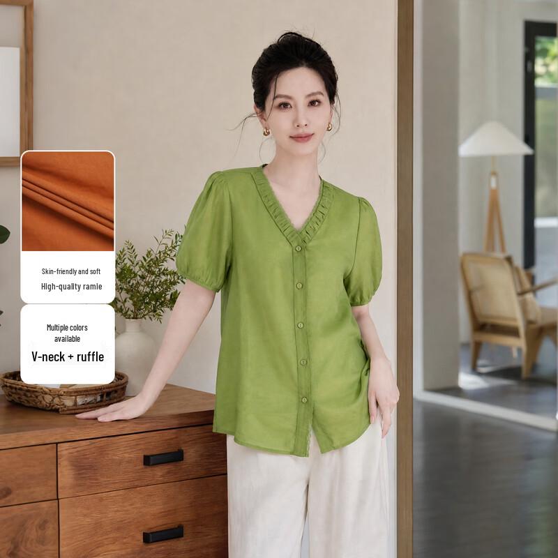 Elegant V-Neck Lyocell-Ramie Short Sleeve Blouse for Women XXL зелёный