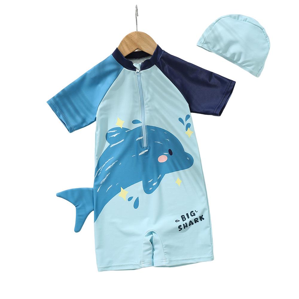 2026 New Boys' Korean Style Cartoon One-Piece Boxer Swimsuit, Ages 1-5, Quick-Drying, Cute Design
