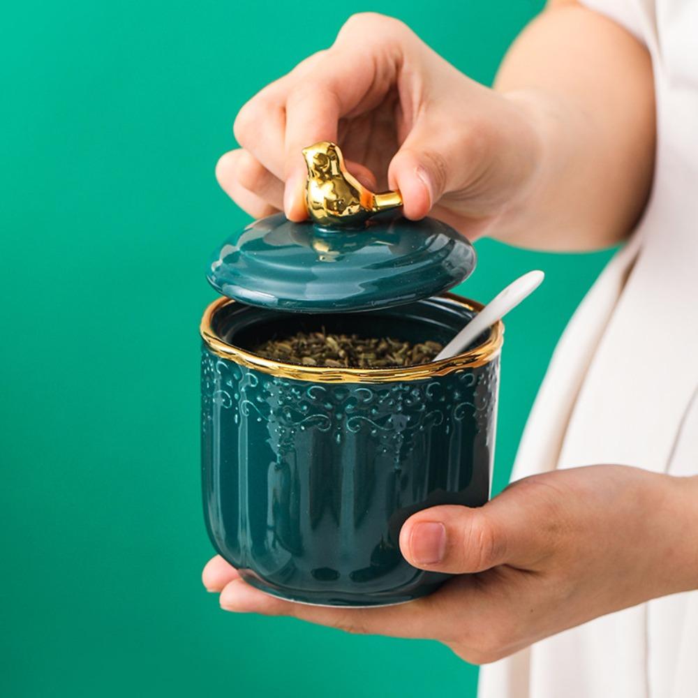 Kitchen Ceramic Storage Jar with Lid Geometric Storage Jar Sealed Snack Storage Jar Decoration Grain Separator Kitchen Supplies
