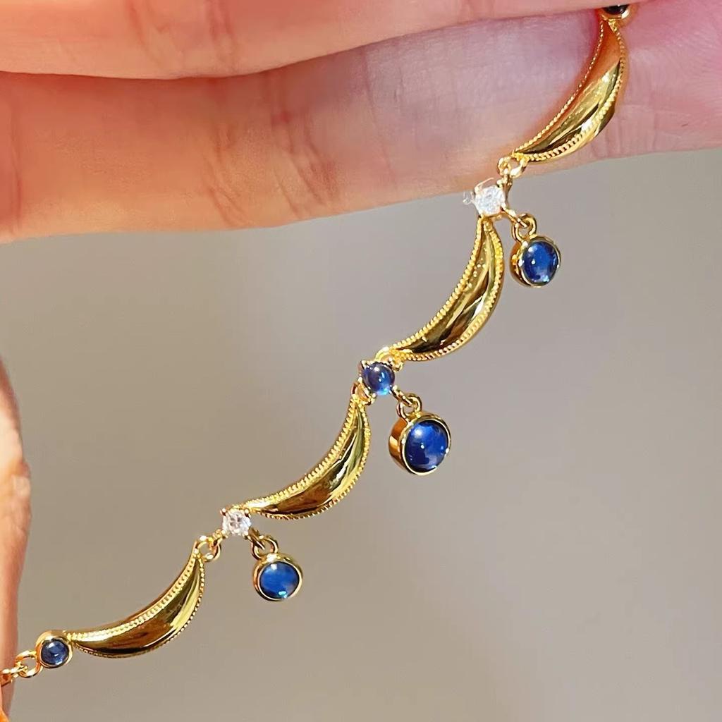 Anenjery Lace Blue Water Droplet Tassel Necklace For Women Retro Sweet High-end Personalized Versatile Collarbone Chain Jewelry Gift