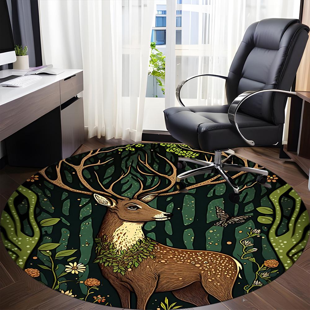 1pc Forest Deer Office Round Area Rug, Under Office Chairs Bedroom Living Room Home Decor, Room Deco
