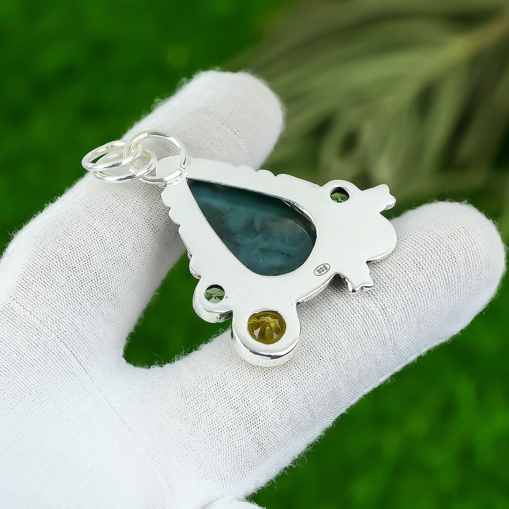 Natural Solar Moss Agate Gemstone Pendant 925 Sterling Silver Jewelry For Women