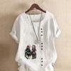 Damnytt mode linneskjorta rund hals kortärmad tecknade figurer tryckt t-shirt sommar damer vardaglig plusstorlek blus toppar